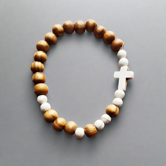 Wood & White Cross Bracelet