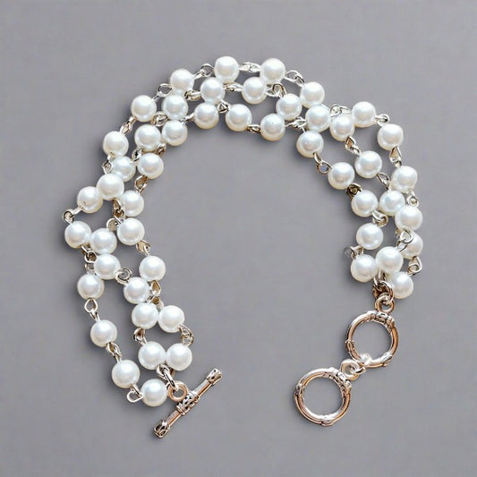 Triple Strand Pearl and Silver Bracelet