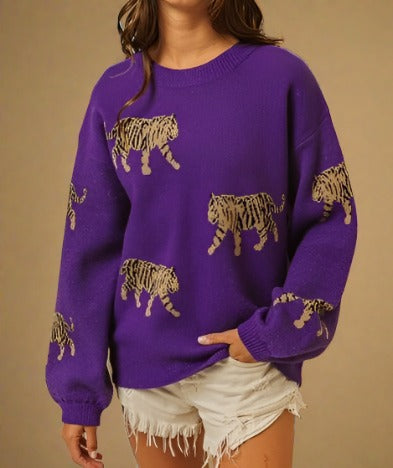 Tiger Pattern Purple Sweater